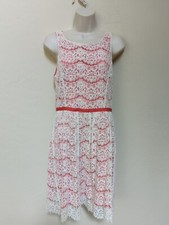 Elle Feminine Ladies Lace Summer Dress Lined Midi Sleeveless Creme Coral Sz 4