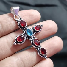 Pendentif croix en argent sterling 925 grenat et pierre précieuse topaze bleu...