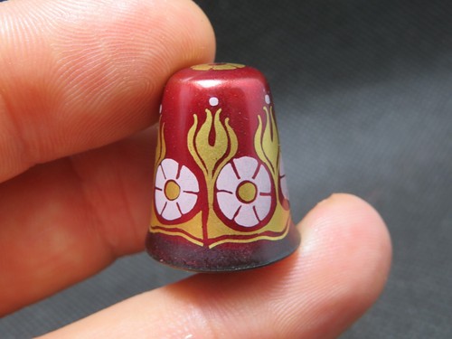 RARE AUSTRIA COPPER ENAMEL THIMBLE COLLECTION ART - FLAME FLOWERS - Picture 2 of 5