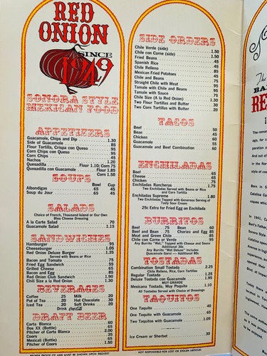 RARE BART EARLES RED ONION PALOS VERDES SAN MARCOS CA MEXICAN FOOD MENU & COVER - 第 6/7 張圖片