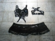 New 3pc Black PVC Top Skirt set w/Belt Buckle One Size naughty FREE Ship RARE