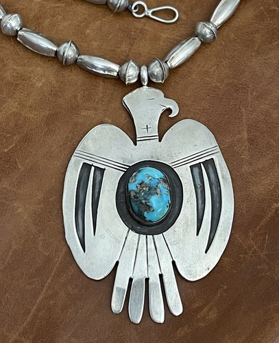 Vintage Navajo Turquoise Thunderbird Pendant 925 Silver Melon, Bead Necklace 24” - Picture 5 of 12