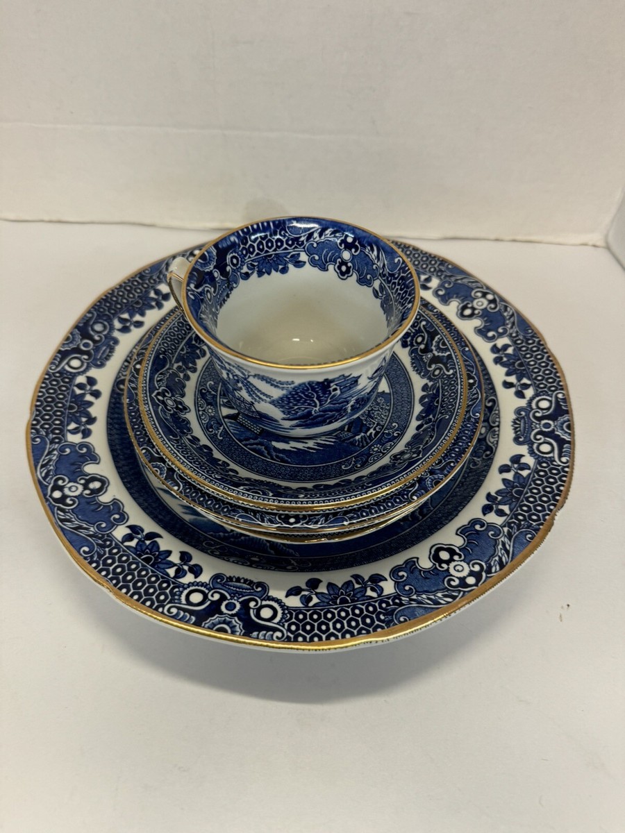 Burgess Leigh Burleigh Ware WILLOW Blue Gold Trim 5pc Place