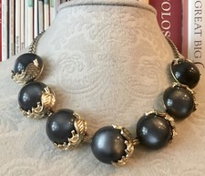 Vintage Silver Tone Choker Necklace Black Moon Glow Lucite Pearlescent Beads