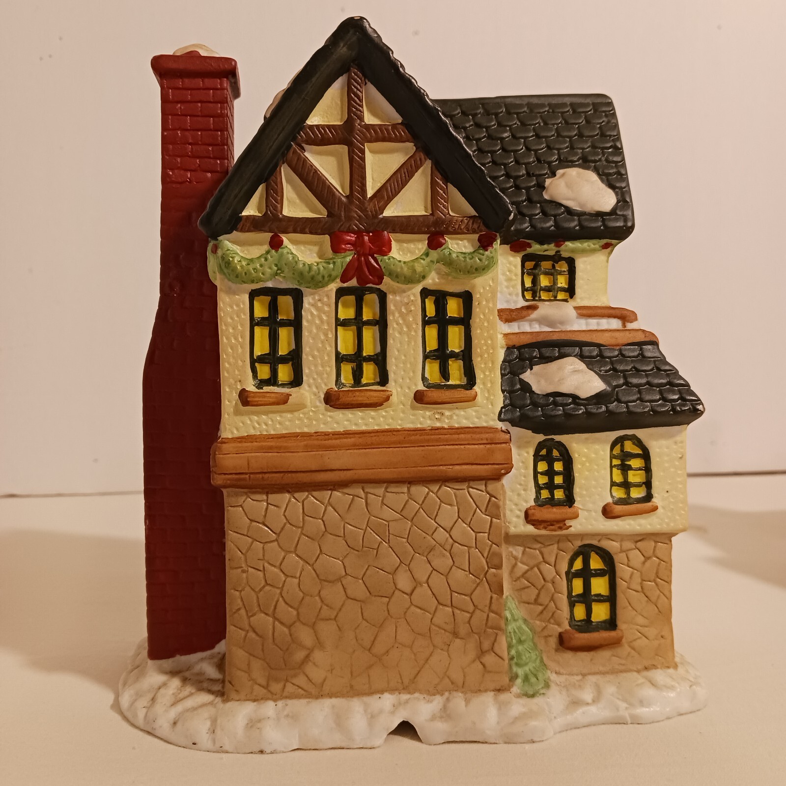 2 Vintage Porcelain Christmas Village Buildings TRAIN STATION & INN 6.5"