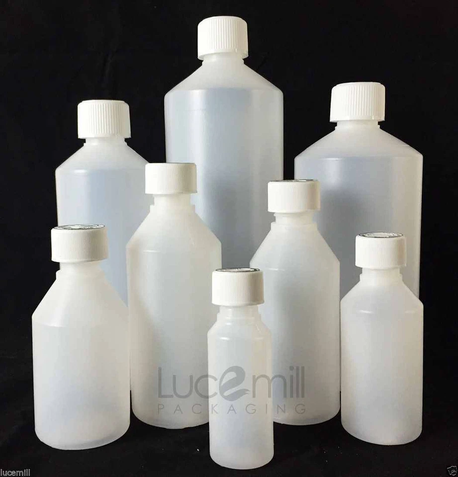 EXPRESS CHEMS Natural HDPE Plastic Bottles & White CHILD PROOF / RESISTANT CRC Caps 30ml -1Lt