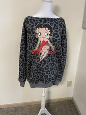 Betty Boop Graphic Sweatshirt Grey Animal Print Size Medium Off Shoulder NWT