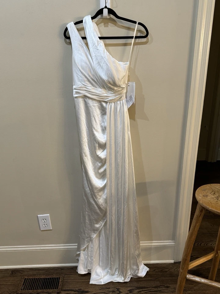 Vestido formal de casamento Mac Duggal 49006 branco um ombro cetim assimétrico tamanho 0 - Imagem 4 de 4