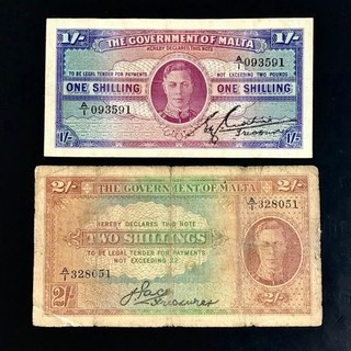 MALTA. ONE SHILLING BANKNOTE 1943 & TWO SHILLINGS BANKNOTE 1942. SCARCE.