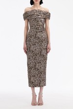 Oscar de la Renta Orchid Metallic Midi Dress Off Shoulder Jacquard Gown 0XS NWOT