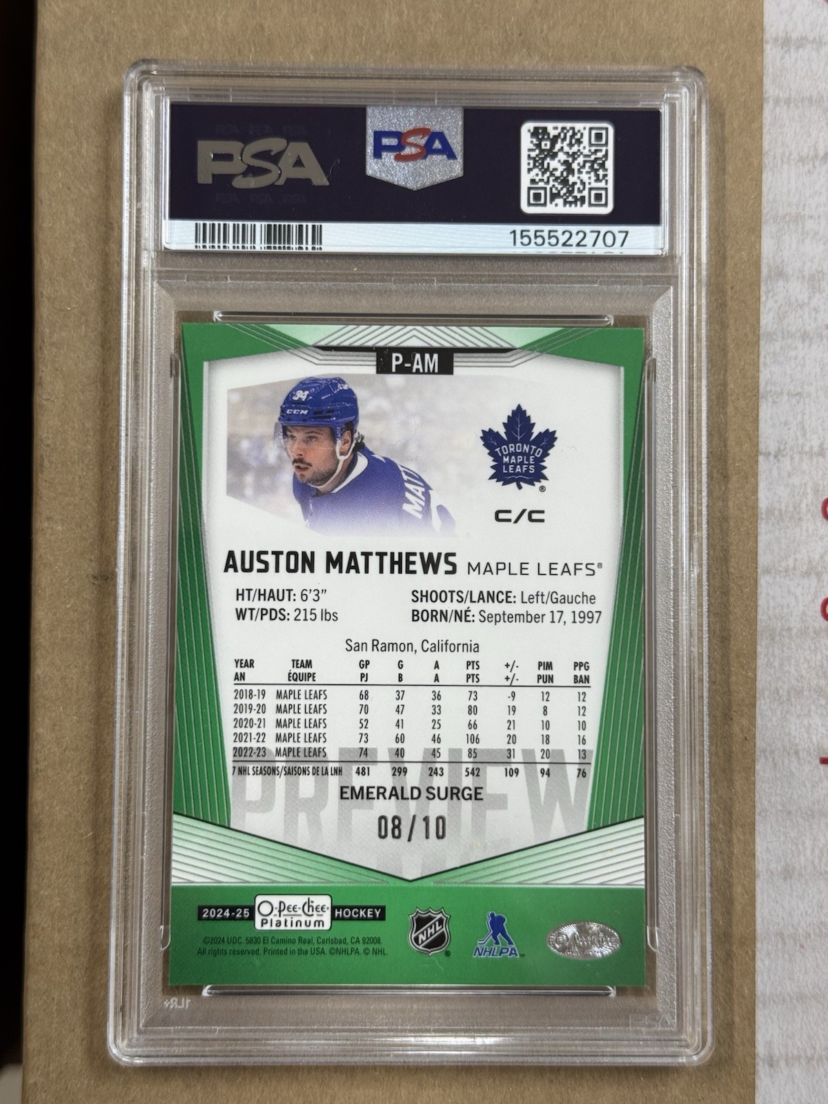 2024 OPC Platinum Preview Auston Matthews Emerald Surge /10 #P-AM PSA 10 🔥 view 2