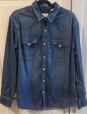 Levis Mens sz XL Barstow Western Denim long sleeve Pearl Snap Shirt Cowboy Yoke