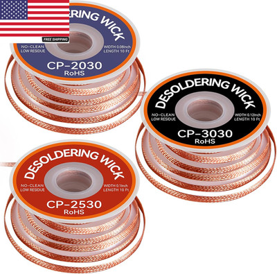 3PCS Premium Desoldering Wick - 3 Sizes Solder Wick Braid (0.08'', 0.1'', 0.12'' X