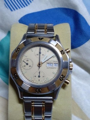 Tutima Chronograph Automatik Uhr Creme Zifferblatt Kombi Gold Silber ETA...