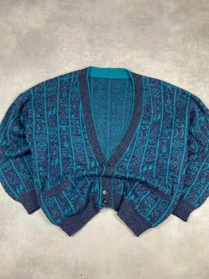 Pull cardigan maille vintage laine motifs bleu marine L - Photo 1/4