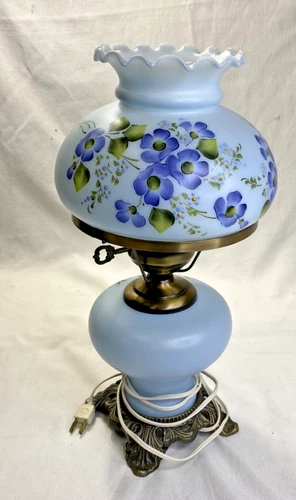 Vintage Gone with the Wind Style Hurricane Table Lamp – Blue Floral Glass