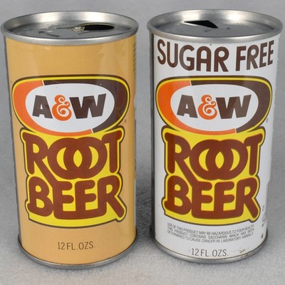 TWO VTG 1970s A&W Root Beer Soda Pop Cans 12oz Straight Side Steel Boston Sunman