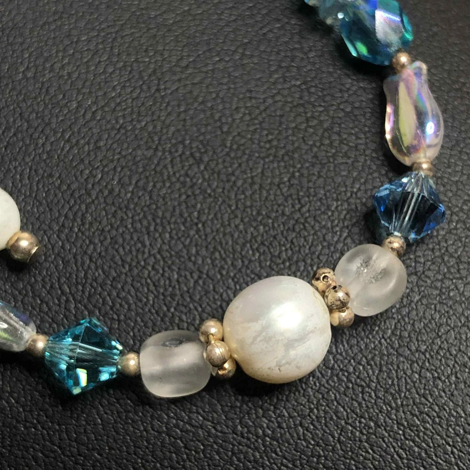 8128 Sterling 925 crystal blue faux pearl bead Fish Bracelet 7.5" for parts? - Image 2 of 4