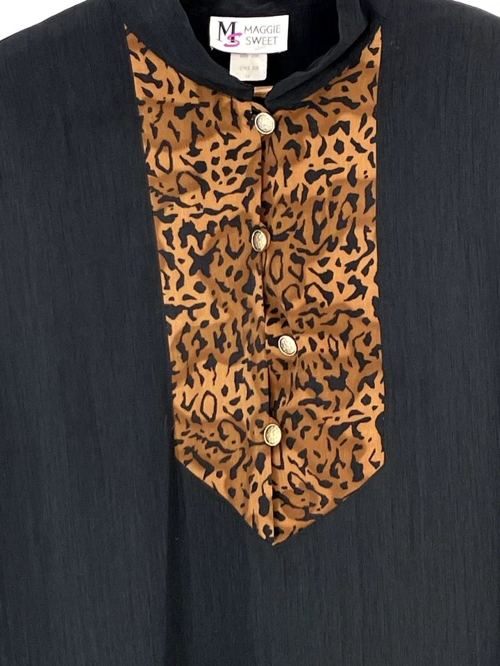 Vintage Maggie Sweet Womens 1X Tunic Top Black with Animal Print Union Made USA - Image 2 of 4