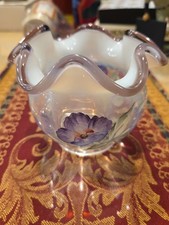 Fenton Glass Vase - Hand Painted Purple Crest Opalescent Small Vase with Ruffled