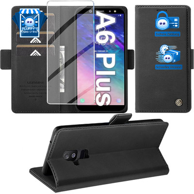 Handyhülle PU Leder Wallet Flip Case Schwarz mit Schutzfolie für Galaxy A6 Plus