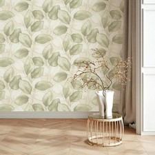 Opulenza Leaf Vinyl Wallpaper Sage Green Rasch 659870 Durable Style