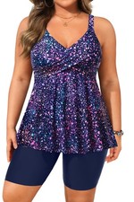 Plus Size Tankini with Shorts - Two Piece Swimsuit Tummy Control Bathing Suit...