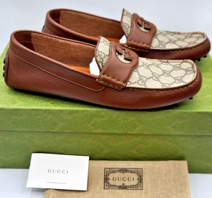 Gucci Interlocking G Men's Brown Leather Driving Moccasins Loafers UK8.5 US9