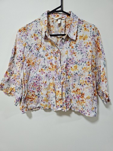 H&M Linen Short Sleeve Linen Button Up Cropped Collared Shirt Oversized Size M - Picture 2 of 10