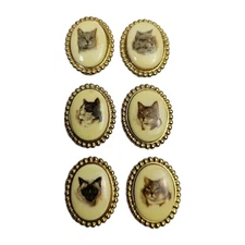 Vintage NONY New York Cat Face Portrait Cameo Button Covers Gold Tone 1.25"x1"