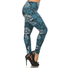 NWT - Curvy Plus Teal Leggings Black White Floral Ankle Length - Fits Size 12-18