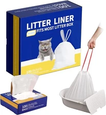 100-PK Drawstring Cat Litter Box Liner Bags - Tall Bags for Automatic Litter Box