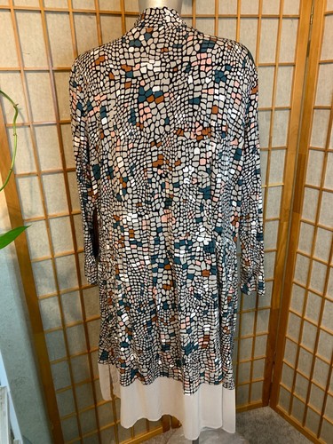 LOGO Lori Goldstein Chiffon Hem Geometric Long Sleeve Open Front Duster * sz L - Picture 6 of 9