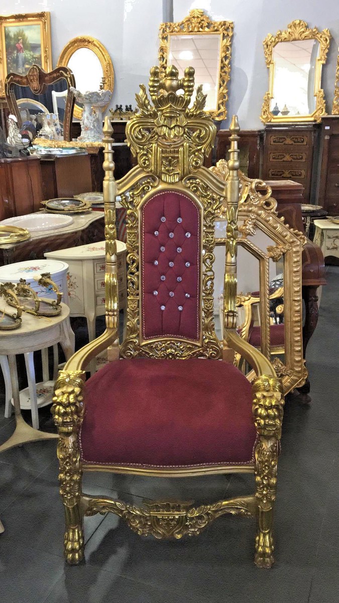 TRONO POLTRONA REALE IN LEGNO BAROCCO FOGLIA ORO CON TESSUTO ROSSO