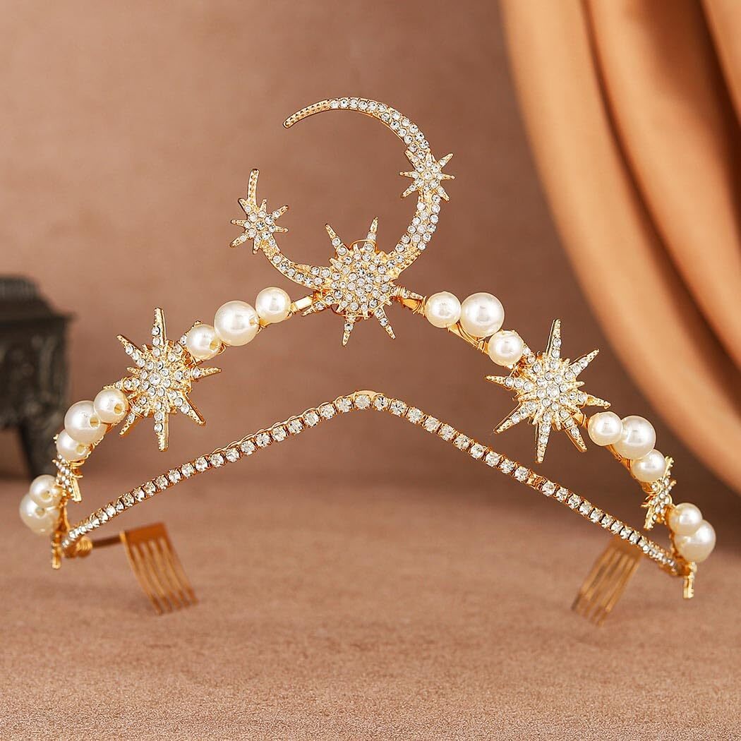 Moon Star Wedding Headband Gold Rhinestone Pearl Headpiece  display picture 2