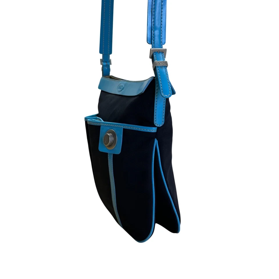 Tod’s Black & Blue Nylon Leather Trim With Silver Turn Lock Crossbody Bag - Image 2 of 4