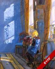 YOUNG GIRL KNITTING IN BLUE ROOM PAINTING CHILD CHILDREN KIDS ART CANVAS PRINT