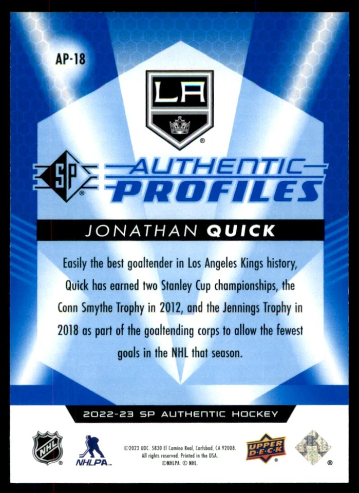 2022-23 SP Authentic Profiles Blue Jonathan Quick #AP-18 - Image 2 of 2