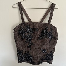 Evening Party Beaded Floral Corset Crop Top Brown Black Size 12