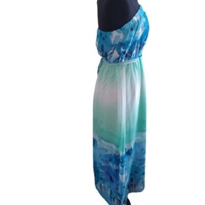 Forever 21 Strapless Watercolor Dress, Blues, Medium Juniors