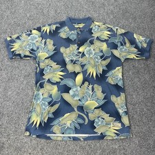 Tommy Bahama Polo Shirt Mens Medium Blue Green Silk Cotton Hawaiian Floral Aloha