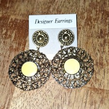 Gold Tone Metal Filigree Dangle Drop Earrings Yellow Center Round Butterfly