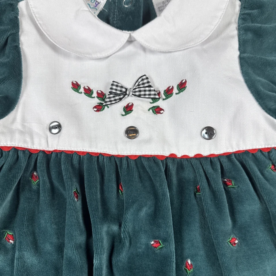 Mameluco vintage de Navidad verde para bebés niñas 3-6 meses rosas botones terciopelo una pieza Foto 2 de 4