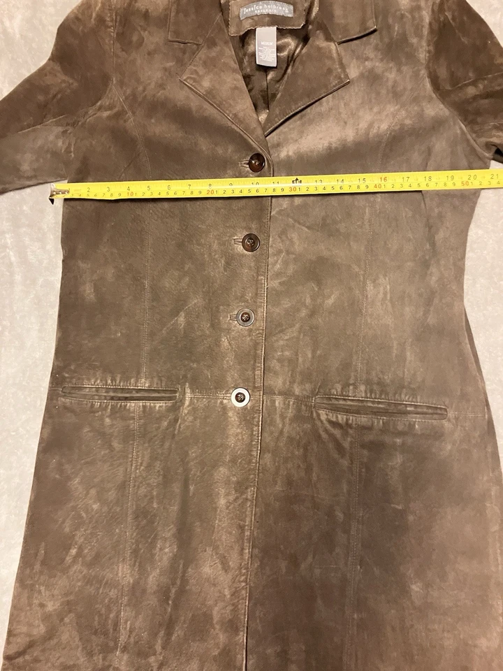 Chaqueta de cuero de gamuza marrón Jessica Holbrook para mujer M forrada con botones Foto 4 de 4