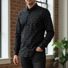 H&M Mens Glasses Print Slim Fit Casual Button Down Shirt Small