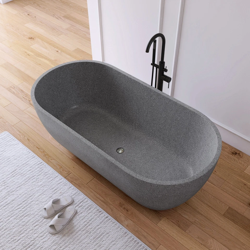 Bañera de hormigón de piedra de remojo independiente de superficie sólida para exteriores de 63"" Foto 2 de 4