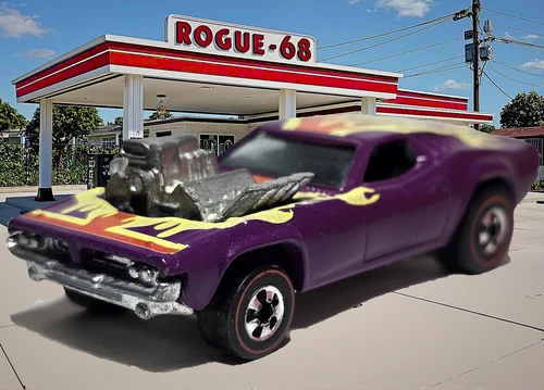 Restored Hot Wheels Redlines Rodger Dodger, Plum, 1974 Flying Colors, Metal Base
