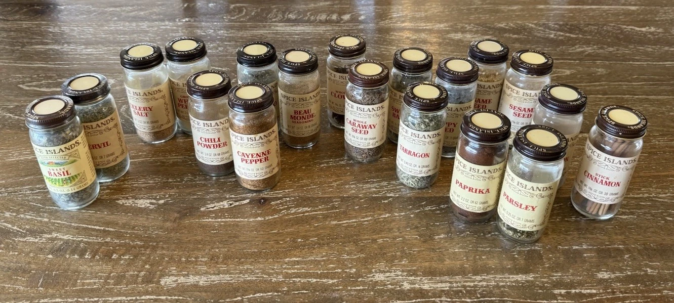 Large Lot 19 Vintage Spice Islands Spice Jars Glass Brown Lids Farmhouse Decor