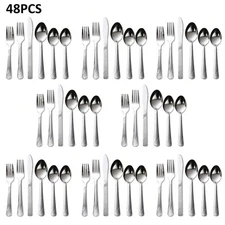 48Pcs Flatware Set for 8 Stainless Steel Silver Black Cutlery Gift Box