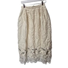 Vintage Cloak of Many Colors Linen Lace Trim Prairie Midi Skirt Cream Silver 6